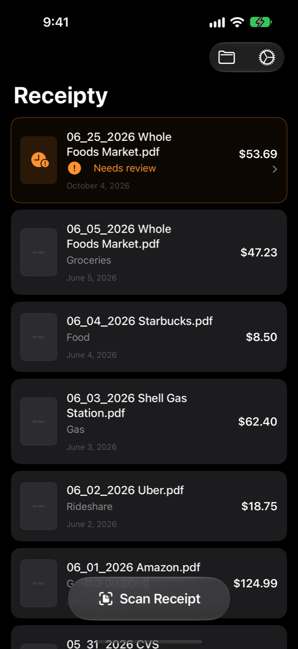 Receipty home screen listing receipts by filename, category, and total, with a newly shared receipt marked Needs review