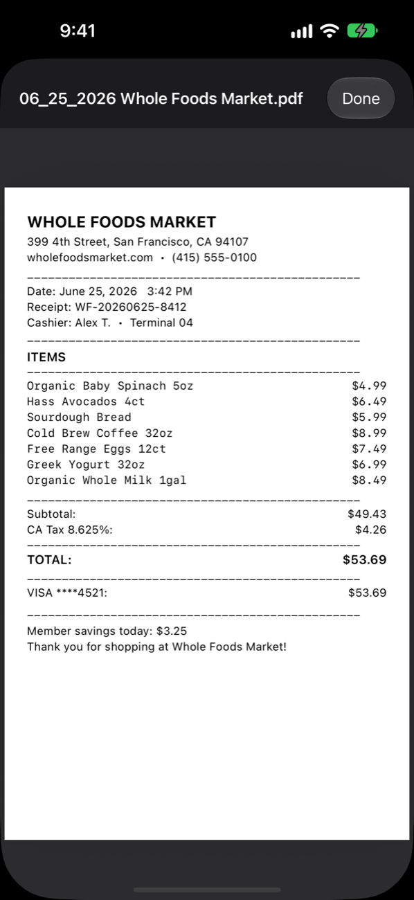 A saved receipt PDF named 06_25_2026 Whole Foods Market.pdf open in Receipty