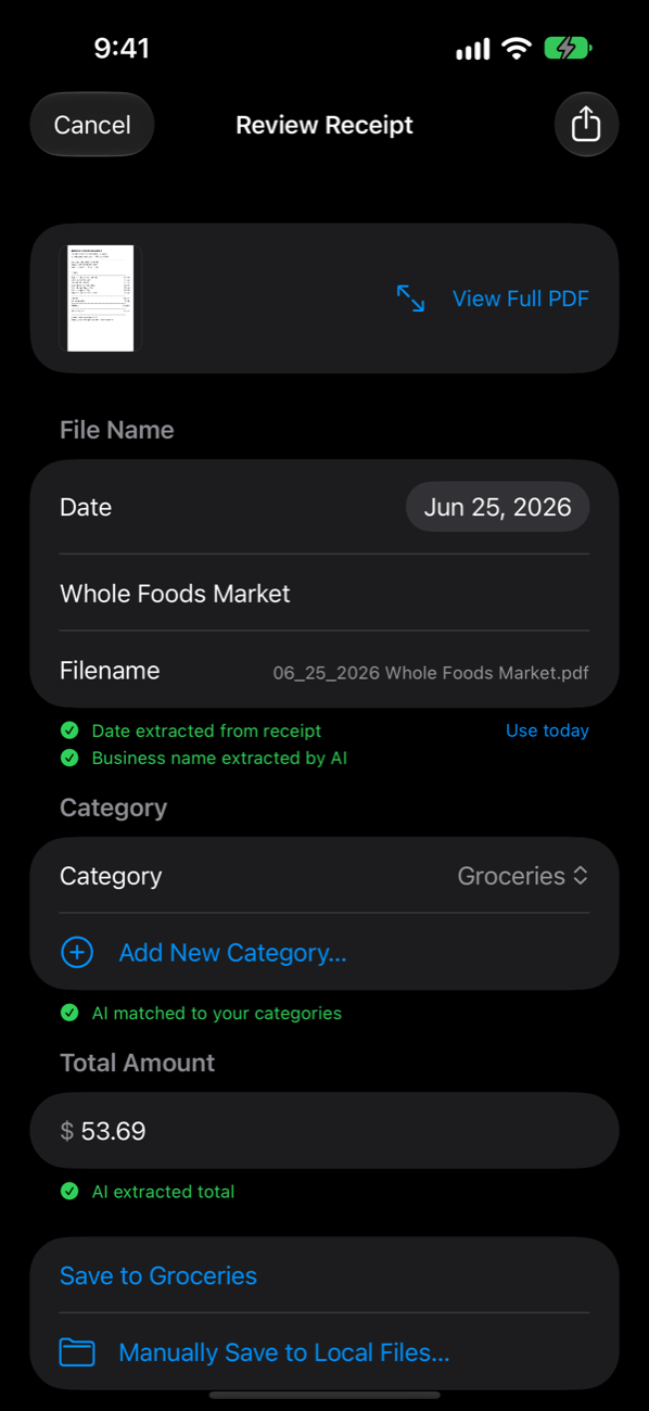 Receipty Review Receipt screen with the date, business name, Groceries category, and $53.69 total all filled in by AI