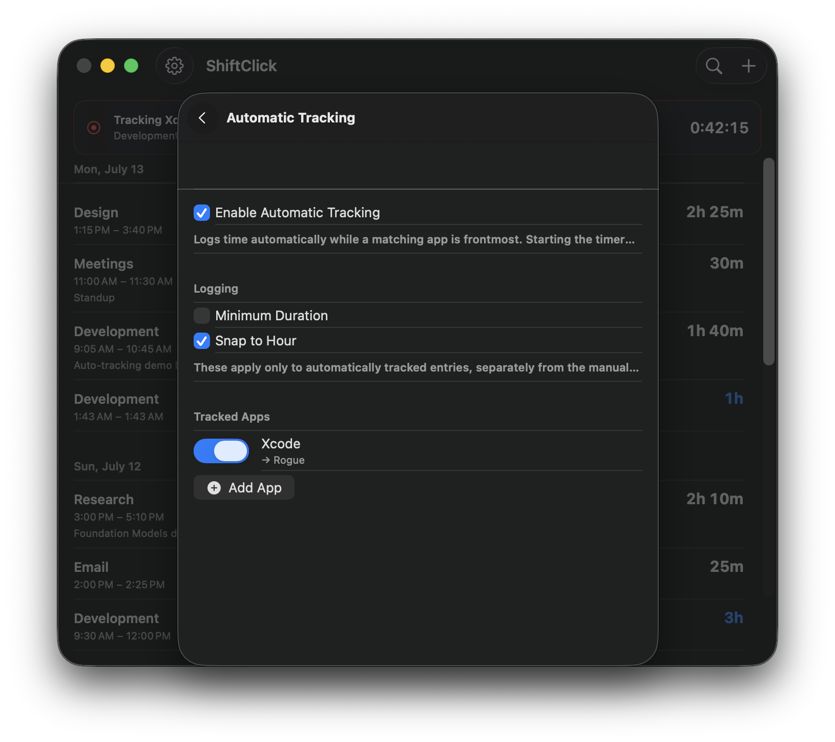 ShiftClick automatic tracking settings mapping the Xcode app to a tag