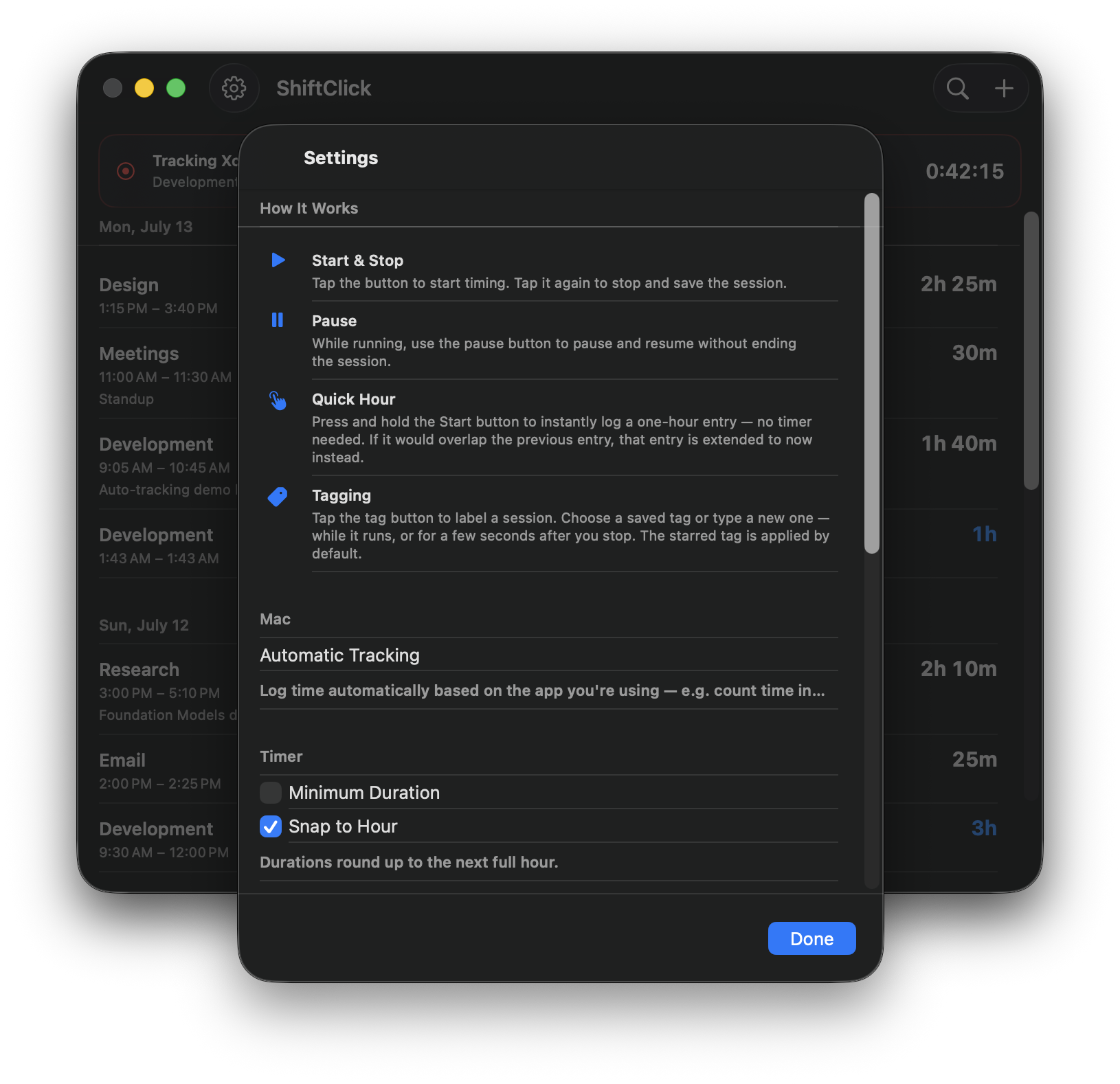 ShiftClick settings explaining Start & Stop, Pause, Quick Hour, and Tagging