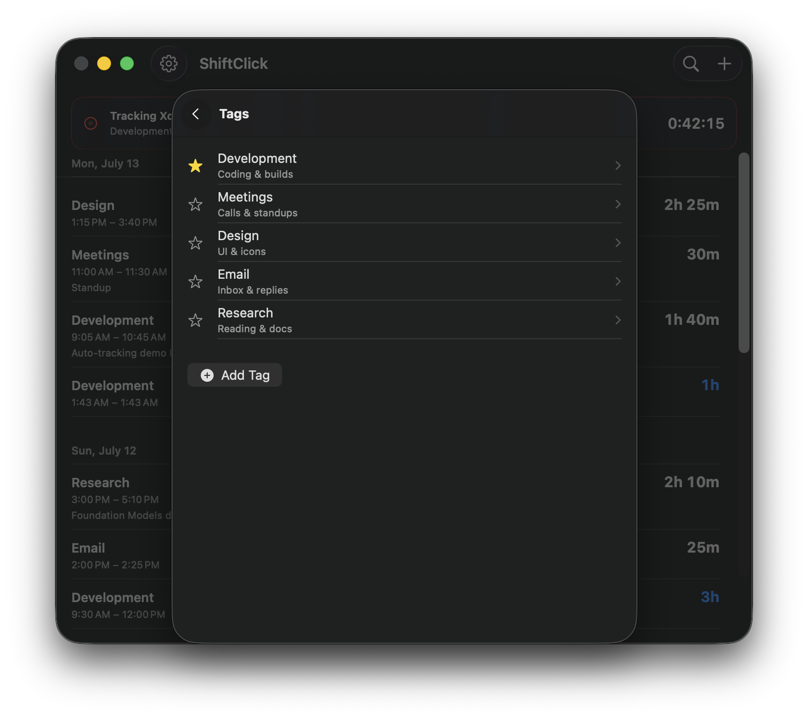 ShiftClick tag list with a starred default tag and saved categories