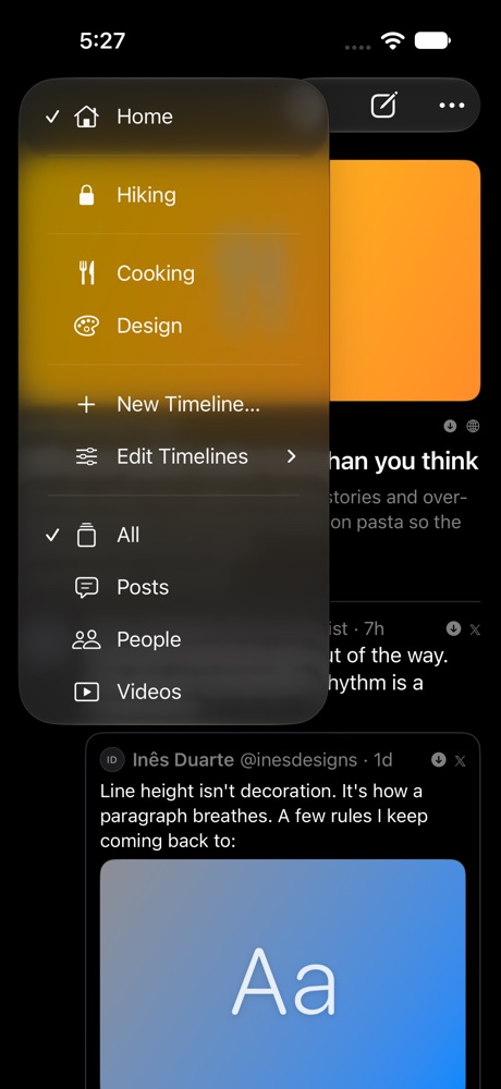 The timeline menu with Home, a Face ID-locked Hiking timeline, Cooking and Design, and filters